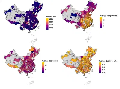 图1 温度、抑郁以及生命质量的空间分布特征
